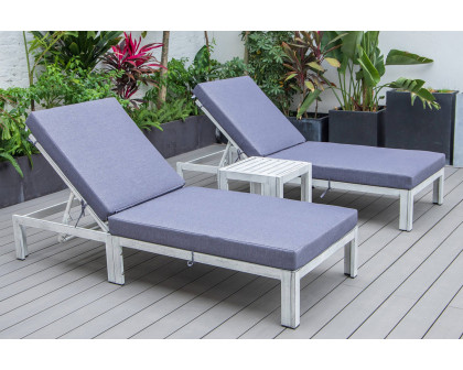 LeisureMod Chelsea Modern Outdoor Weathered Gray Chaise Lounge with Side Table and Cushions (Set Of 2) - Blue