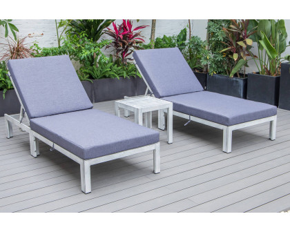 LeisureMod Chelsea Modern Outdoor Weathered Gray Chaise Lounge with Side Table and Cushions (Set Of 2) - Blue