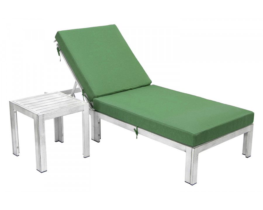 LeisureMod Chelsea Modern Outdoor Weathered Gray Chaise Lounge Chair with Side Table and Cushions - Green