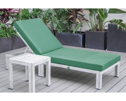 LeisureMod Chelsea Modern Outdoor Weathered Gray Chaise Lounge Chair with Side Table and Cushions - Green