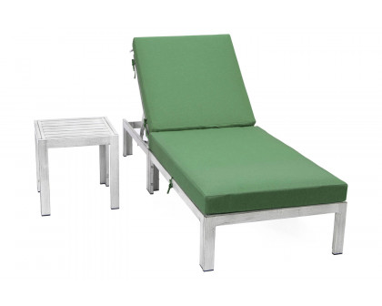 LeisureMod Chelsea Modern Outdoor Weathered Gray Chaise Lounge Chair with Side Table and Cushions - Green