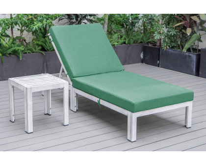 LeisureMod Chelsea Modern Outdoor Weathered Gray Chaise Lounge Chair with Side Table and Cushions - Green