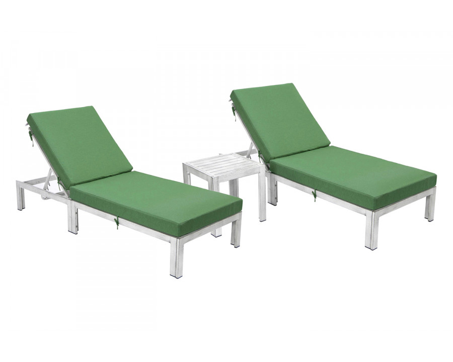 LeisureMod Chelsea Modern Outdoor Weathered Gray Chaise Lounge with Side Table and Cushions (Set Of 2) - Green