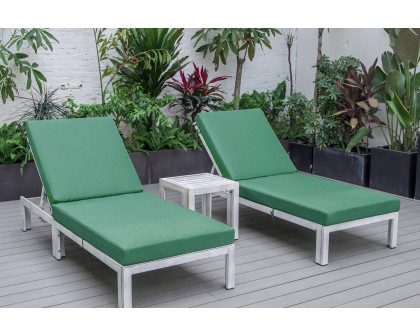 LeisureMod Chelsea Modern Outdoor Weathered Gray Chaise Lounge with Side Table and Cushions (Set Of 2) - Green