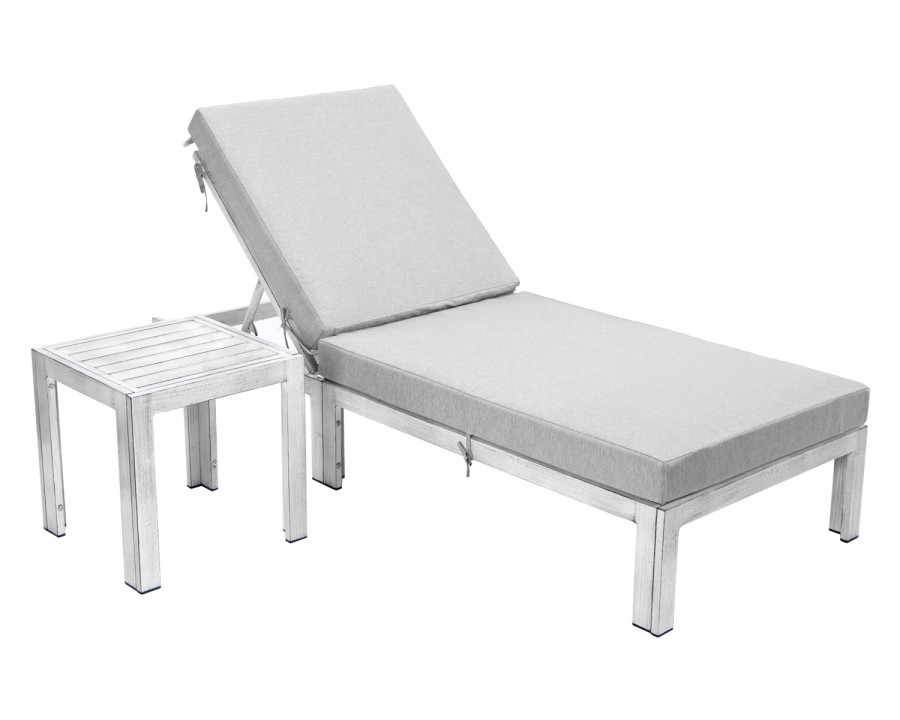 LeisureMod Chelsea Modern Outdoor Weathered Gray Chaise Lounge Chair with Side Table and Cushions - Light Gray