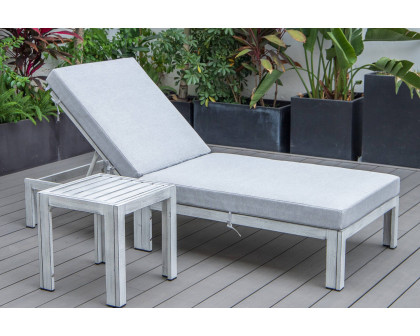 LeisureMod Chelsea Modern Outdoor Weathered Gray Chaise Lounge Chair with Side Table and Cushions - Light Gray