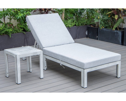 LeisureMod Chelsea Modern Outdoor Weathered Gray Chaise Lounge Chair with Side Table and Cushions - Light Gray