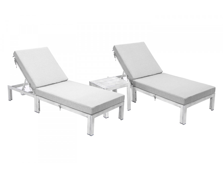 LeisureMod Chelsea Modern Outdoor Weathered Gray Chaise Lounge with Side Table and Cushions (Set Of 2) - Light Gray