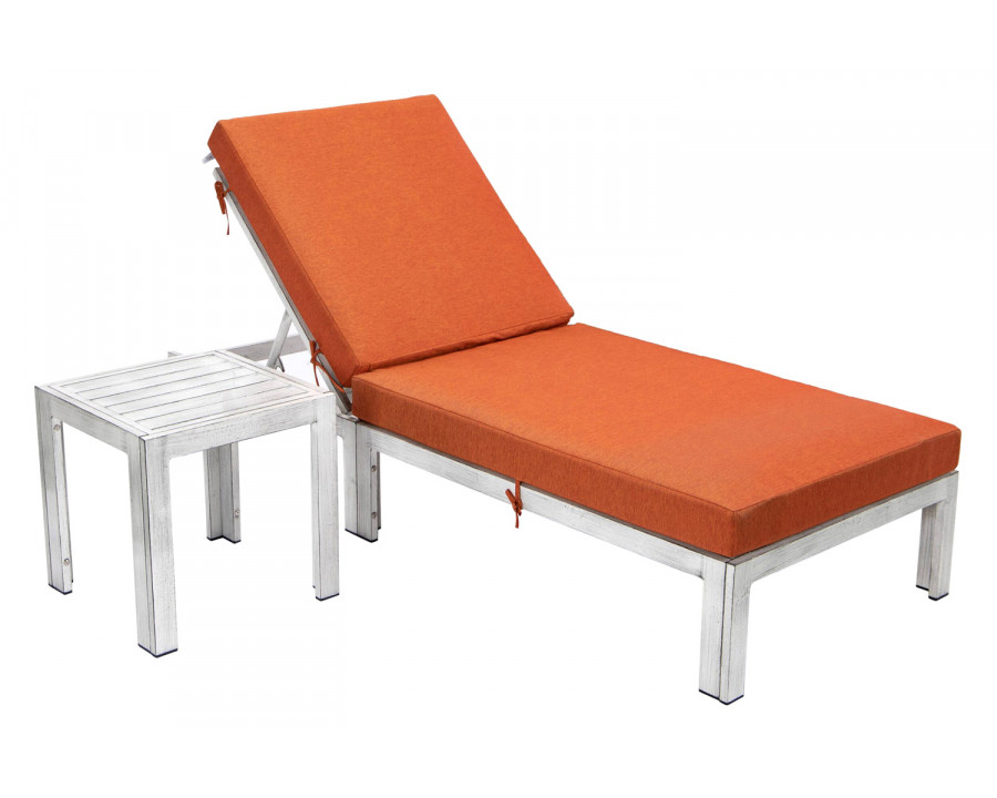 LeisureMod Chelsea Modern Outdoor Weathered Gray Chaise Lounge Chair with Side Table and Cushions - Orange