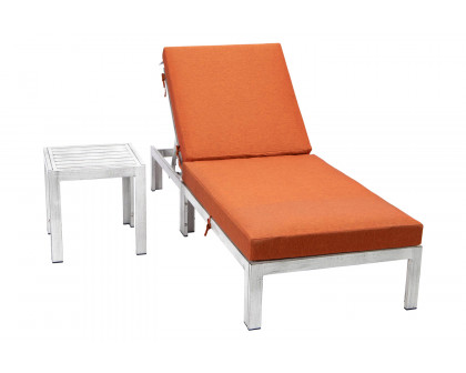 LeisureMod Chelsea Modern Outdoor Weathered Gray Chaise Lounge Chair with Side Table and Cushions - Orange