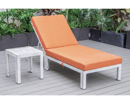 LeisureMod Chelsea Modern Outdoor Weathered Gray Chaise Lounge Chair with Side Table and Cushions - Orange