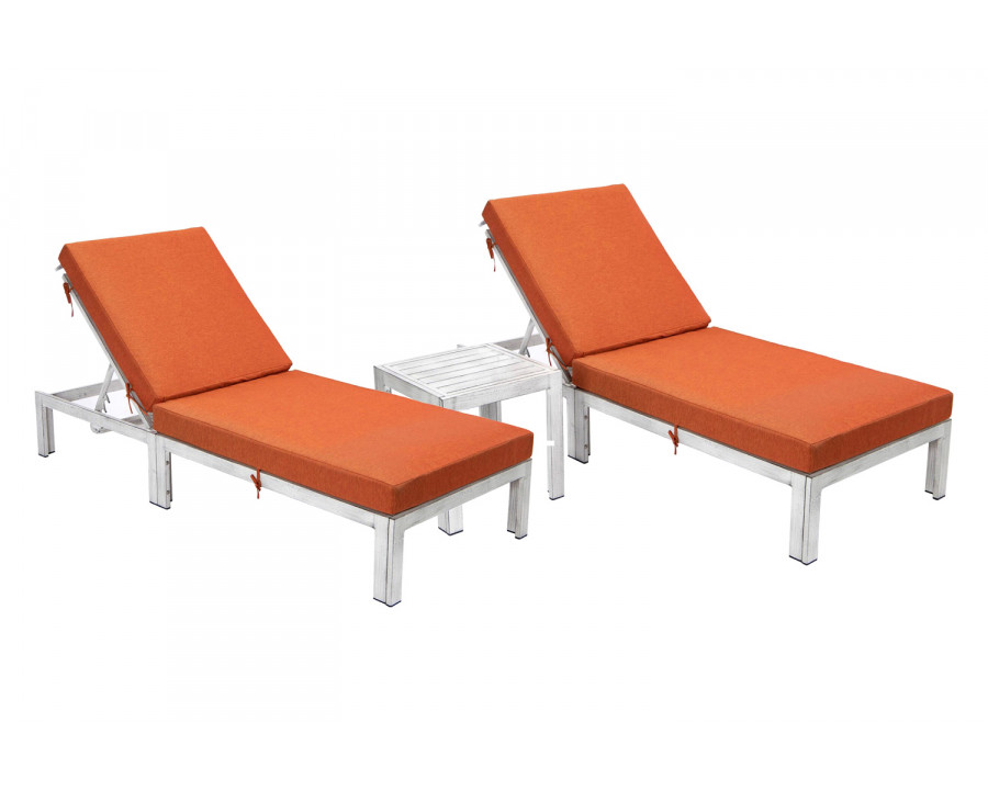 LeisureMod Chelsea Modern Outdoor Weathered Gray Chaise Lounge with Side Table and Cushions (Set Of 2) - Orange