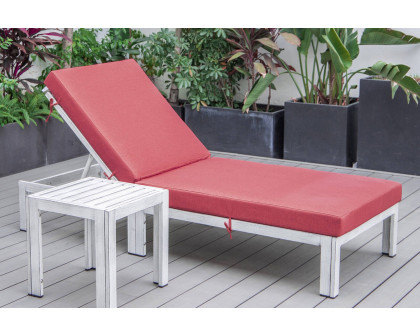 LeisureMod Chelsea Modern Outdoor Weathered Gray Chaise Lounge Chair with Side Table and Cushions - Red