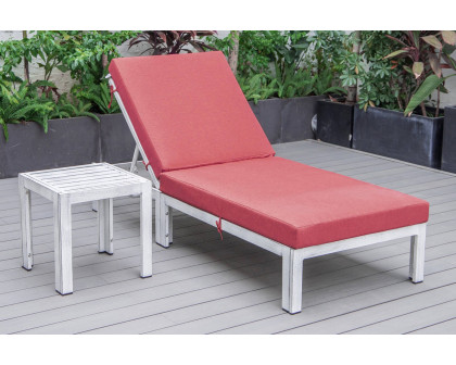 LeisureMod Chelsea Modern Outdoor Weathered Gray Chaise Lounge Chair with Side Table and Cushions - Red