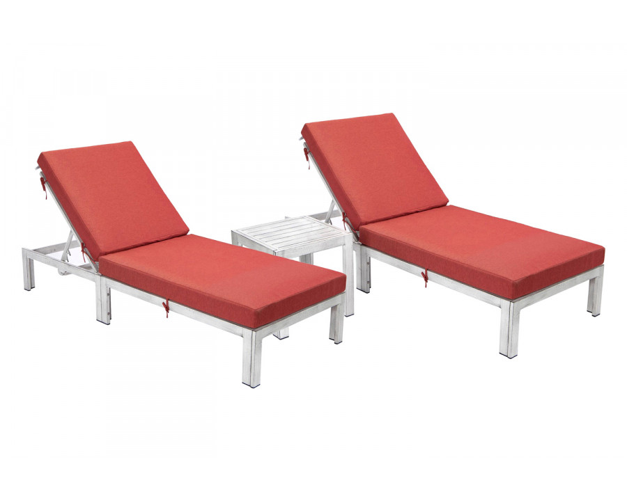 LeisureMod Chelsea Modern Outdoor Weathered Gray Chaise Lounge with Side Table and Cushions (Set Of 2) - Red