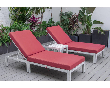 LeisureMod Chelsea Modern Outdoor Weathered Gray Chaise Lounge with Side Table and Cushions (Set Of 2) - Red