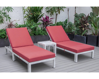 LeisureMod Chelsea Modern Outdoor Weathered Gray Chaise Lounge with Side Table and Cushions (Set Of 2) - Red