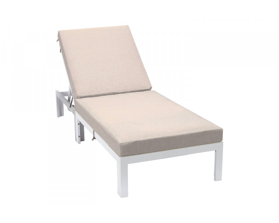 LeisureMod Chelsea Modern Outdoor White Chaise Lounge Chair with Cushions - Beige