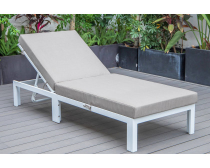 LeisureMod Chelsea Modern Outdoor White Chaise Lounge Chair with Cushions - Beige