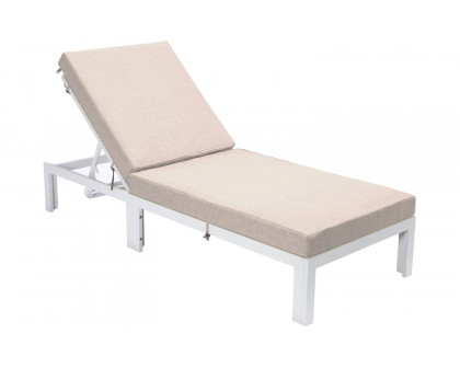 LeisureMod Chelsea Modern Outdoor White Chaise Lounge Chair with Cushions - Beige