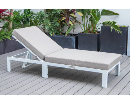 LeisureMod Chelsea Modern Outdoor White Chaise Lounge Chair with Cushions - Beige