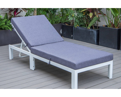 LeisureMod Chelsea Modern Outdoor White Chaise Lounge Chair with Cushions - Blue