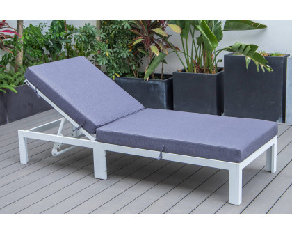 LeisureMod Chelsea Modern Outdoor White Chaise Lounge Chair with Cushions - Blue