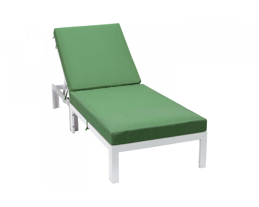 LeisureMod Chelsea Modern Outdoor White Chaise Lounge Chair with Cushions - Green