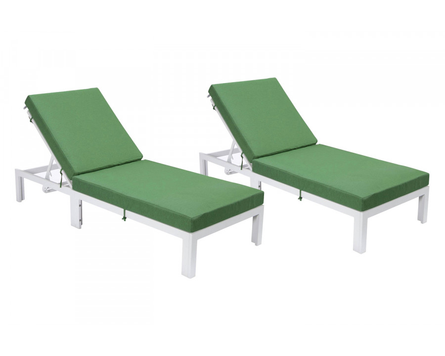 LeisureMod Chelsea Modern Outdoor White Chaise Lounge Chair with Cushions (Set Of 2) - Green