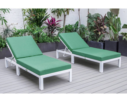 LeisureMod Chelsea Modern Outdoor White Chaise Lounge Chair with Cushions (Set Of 2) - Green