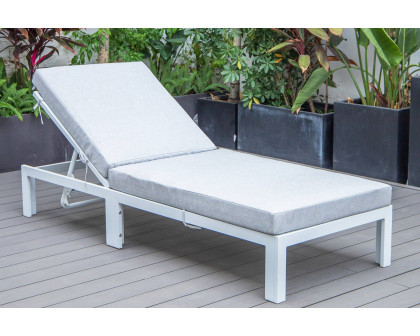 LeisureMod Chelsea Modern Outdoor White Chaise Lounge Chair with Cushions - Light Gray