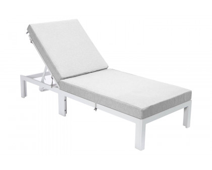 LeisureMod Chelsea Modern Outdoor White Chaise Lounge Chair with Cushions - Light Gray