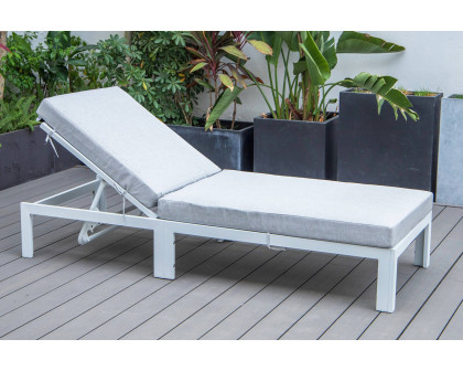 LeisureMod Chelsea Modern Outdoor White Chaise Lounge Chair with Cushions - Light Gray