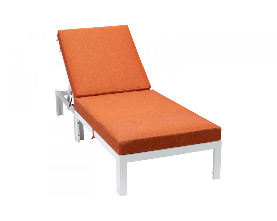 LeisureMod Chelsea Modern Outdoor White Chaise Lounge Chair with Cushions - Orange