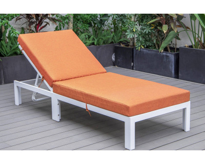 LeisureMod Chelsea Modern Outdoor White Chaise Lounge Chair with Cushions - Orange