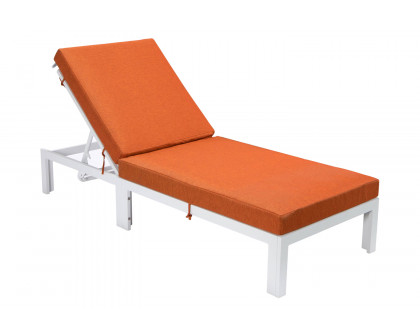 LeisureMod Chelsea Modern Outdoor White Chaise Lounge Chair with Cushions - Orange