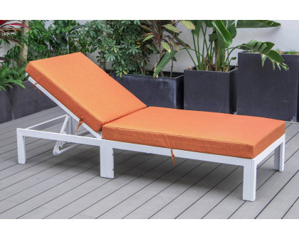 LeisureMod Chelsea Modern Outdoor White Chaise Lounge Chair with Cushions - Orange