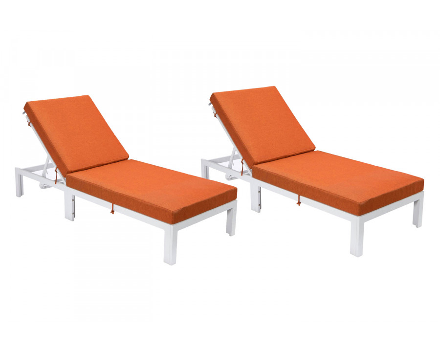 LeisureMod Chelsea Modern Outdoor White Chaise Lounge Chair with Cushions (Set Of 2) - Orange