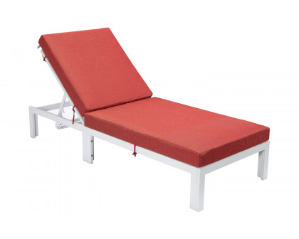 LeisureMod Chelsea Modern Outdoor White Chaise Lounge Chair with Cushions - Red