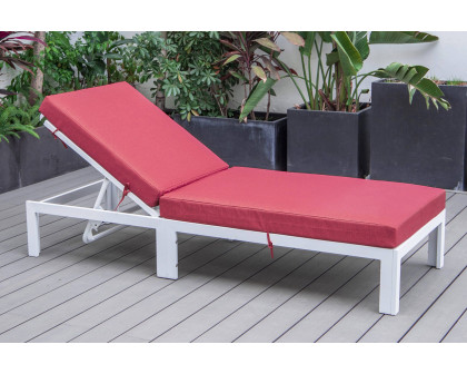 LeisureMod Chelsea Modern Outdoor White Chaise Lounge Chair with Cushions - Red