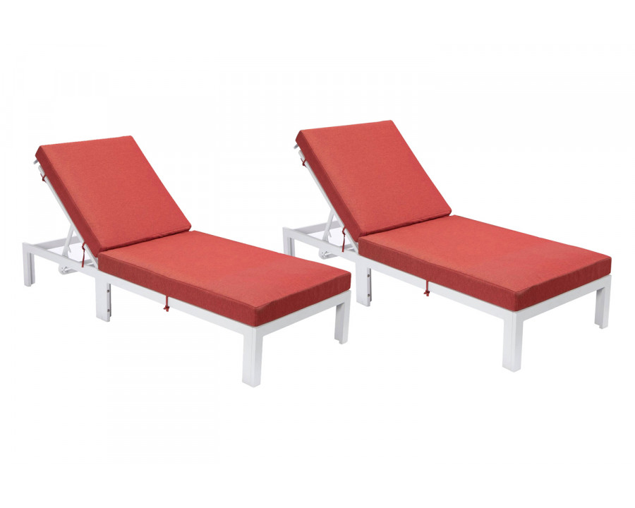 LeisureMod Chelsea Modern Outdoor White Chaise Lounge Chair with Cushions (Set Of 2) - Red