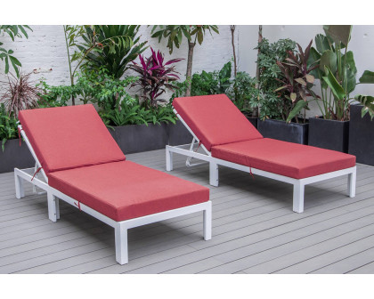 LeisureMod Chelsea Modern Outdoor White Chaise Lounge Chair with Cushions (Set Of 2) - Red