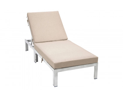 LeisureMod Chelsea Modern Outdoor Weathered Gray Chaise Lounge Chair with Cushions - Beige