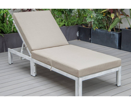 LeisureMod Chelsea Modern Outdoor Weathered Gray Chaise Lounge Chair with Cushions - Beige