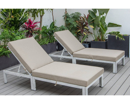 LeisureMod Chelsea Modern Outdoor Weathered Gray Chaise Lounge Chair with Cushions (Set Of 2) - Beige