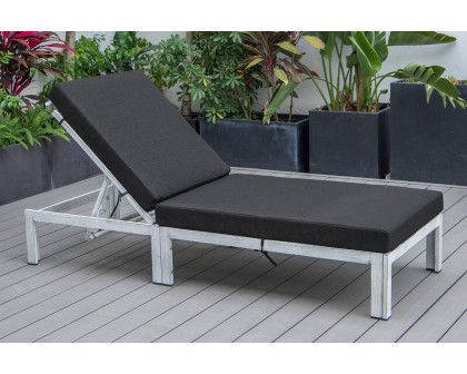 LeisureMod Chelsea Modern Outdoor Weathered Gray Chaise Lounge Chair with Cushions - Black