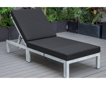 LeisureMod Chelsea Modern Outdoor Weathered Gray Chaise Lounge Chair with Cushions - Black