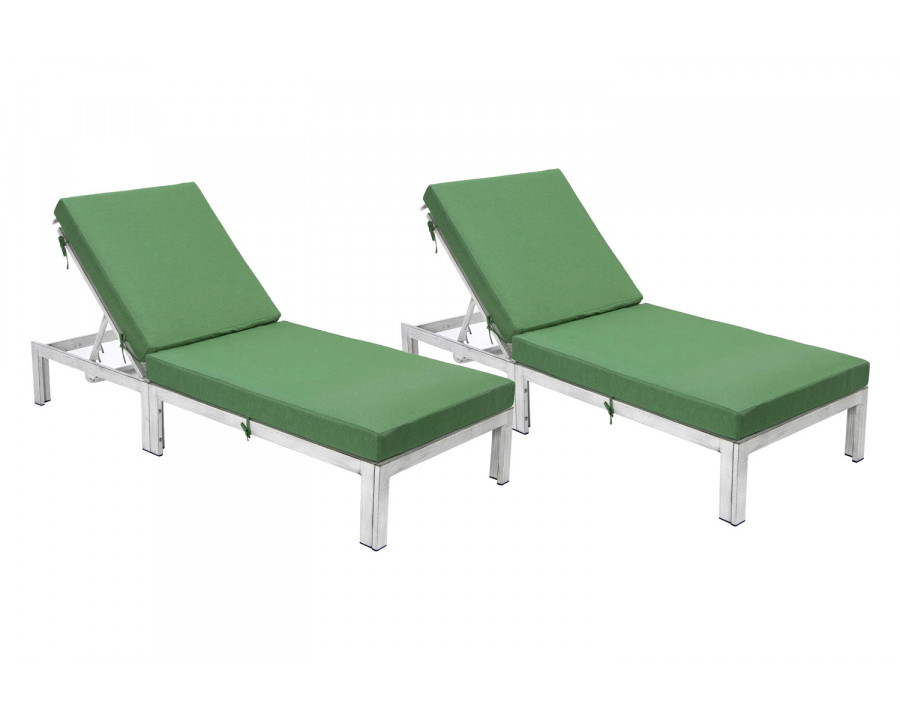 LeisureMod Chelsea Modern Outdoor Weathered Gray Chaise Lounge Chair with Cushions (Set Of 2) - Green