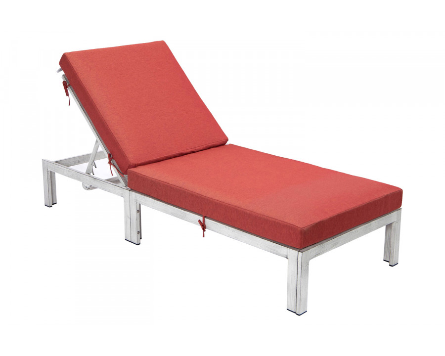 LeisureMod Chelsea Modern Outdoor Weathered Gray Chaise Lounge Chair with Cushions - Red