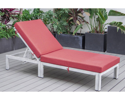 LeisureMod Chelsea Modern Outdoor Weathered Gray Chaise Lounge Chair with Cushions - Red